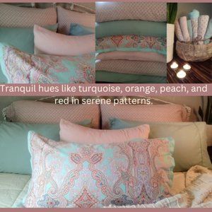 Arrangement of pillowcases in shades of pinks, blues, peach and red.